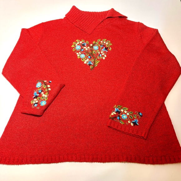 Coldwater Creek Red Heart W/Flowers & Birds Embroidered Turtleneck Sweater SzXl - Picture 1 of 10